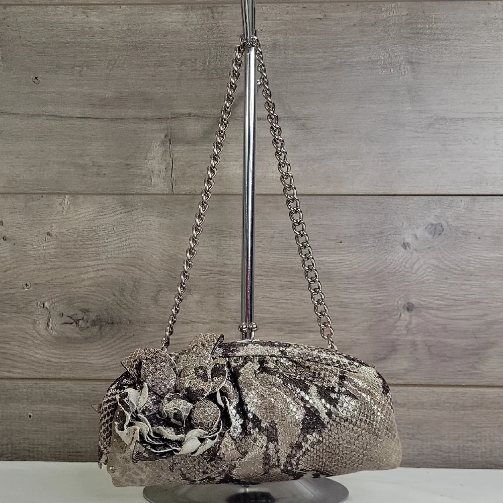 Isabella Fiore Metallic Snakeskin Pattern Clutch with Chain Strap
